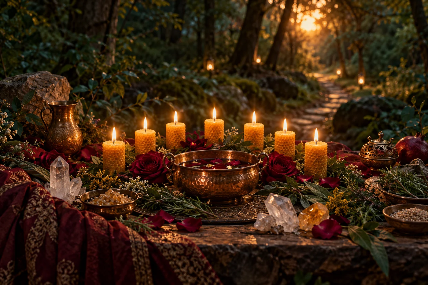 Ilustração simbólica: sete velas, rosas, ervas e cristais diante de um caminho na floresta