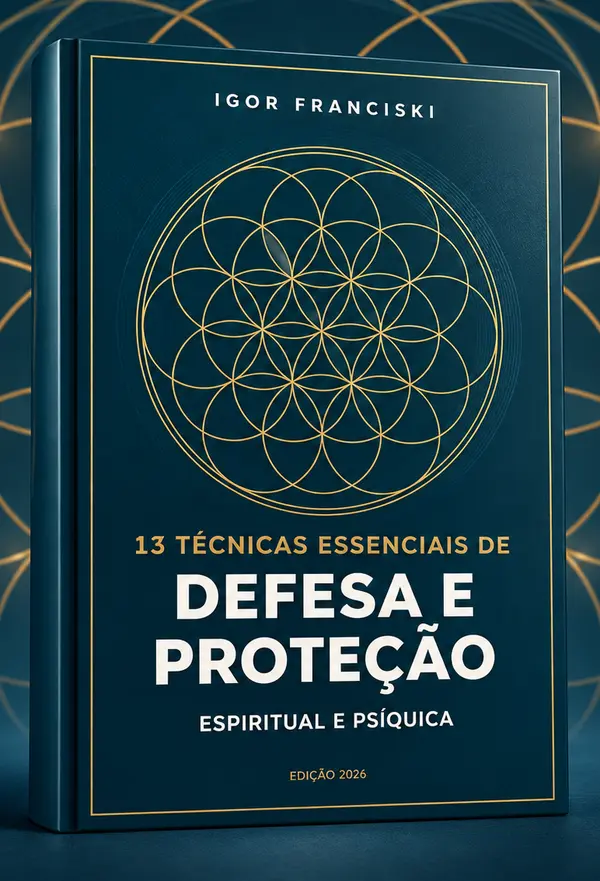 Mockup da edição premium 2026: 13 Técnicas Essenciais de Defesa e Proteção Espiritual e Psíquica, de Igor Franciski